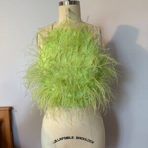 Cult Gaia Joey Ostrich Feather Embellished Halter String Top Blouse XS Green